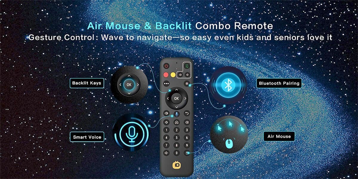 Backlit Air Mouse remote with voice and shortcut controls