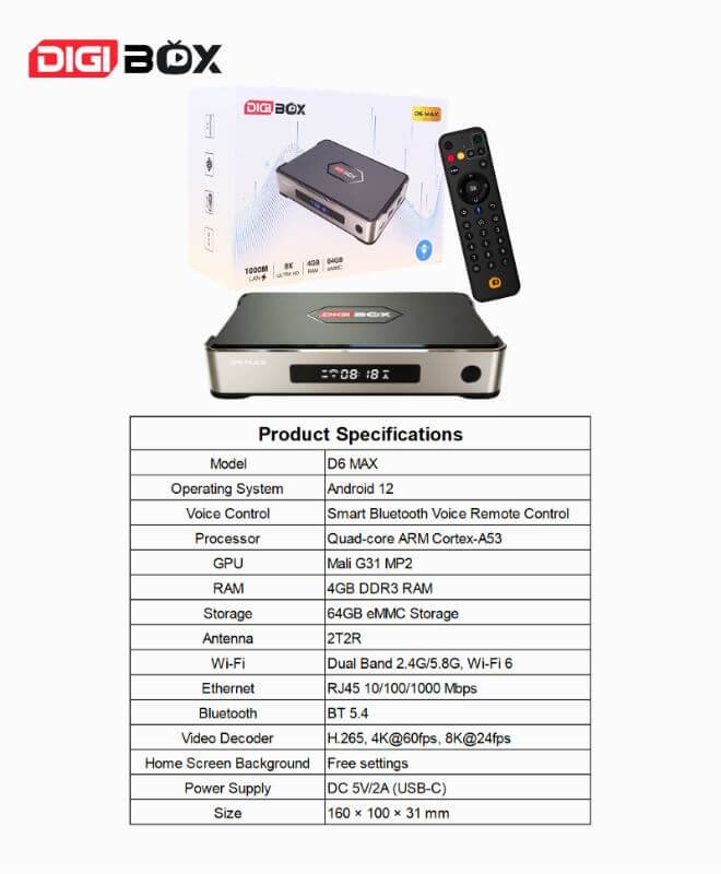 DIGIBOX D6 MAX TV box with Bluetooth voice remote