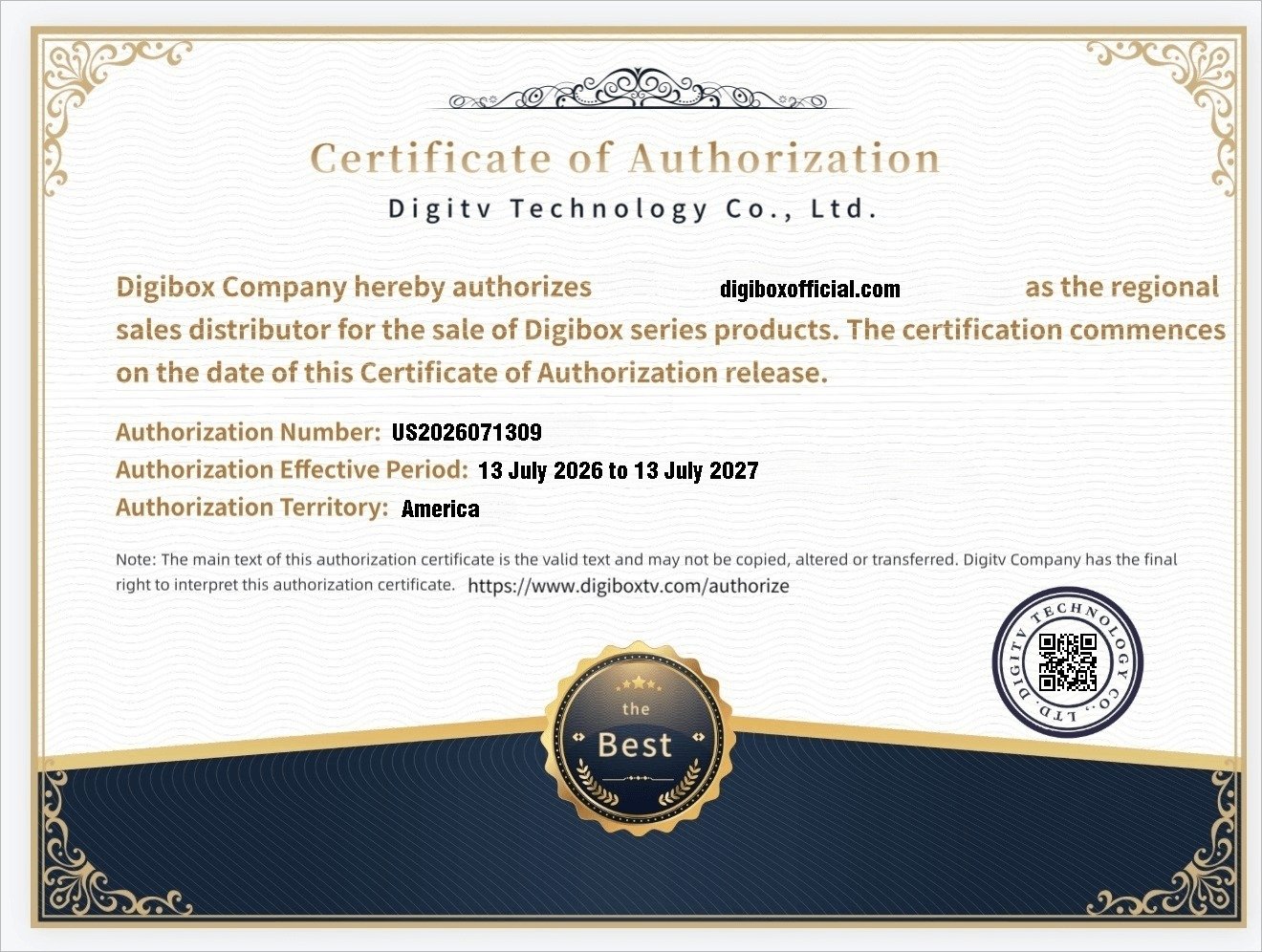 DIGIBOX reseller authorization document for this online store