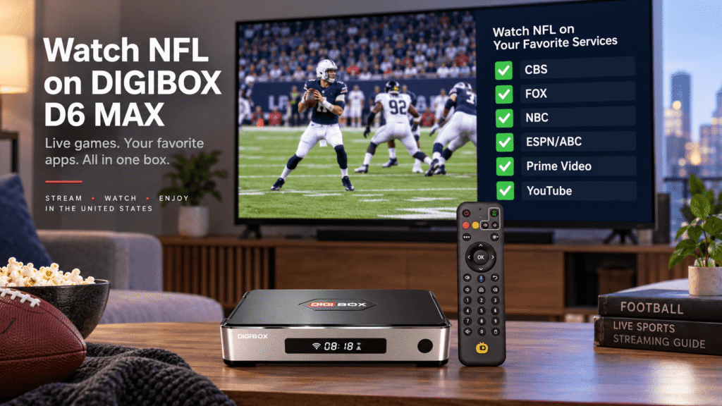 DIGIBOX D6 MAX TV box and remote for live NFL channels