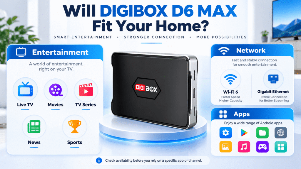 DIGIBOX D6 MAX entertainment apps WiFi 6 and Gigabit Ethernet buyer guide