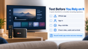 Illustrated checklist for testing a streaming app on DIGIBOX before relying on it for everyday viewing