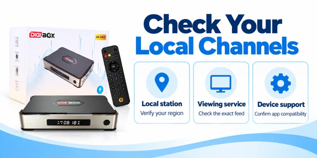 DIGIBOX D6 MAX and remote with checks for local station, viewing service and device support